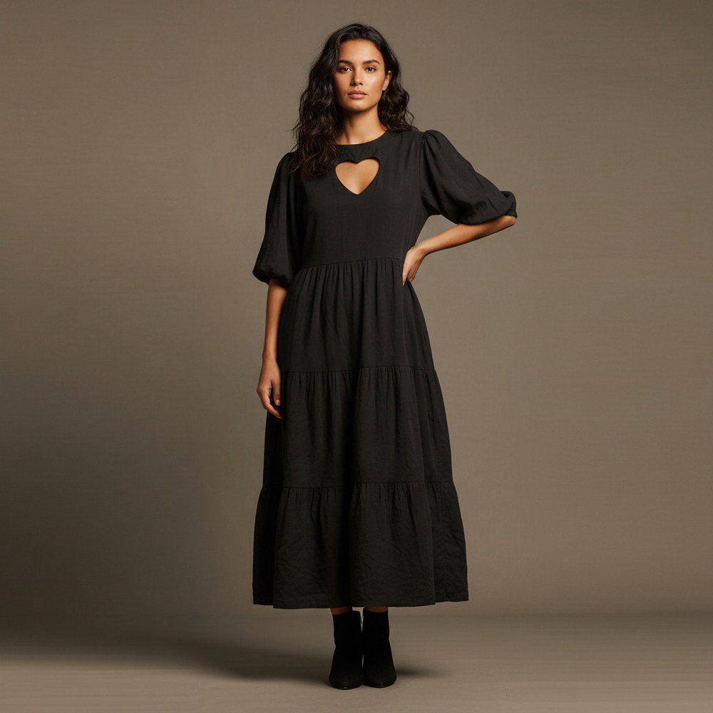 NWT Desigual Black Tiered Midi Dress Puff Sleeve Heart Cutout Size US M